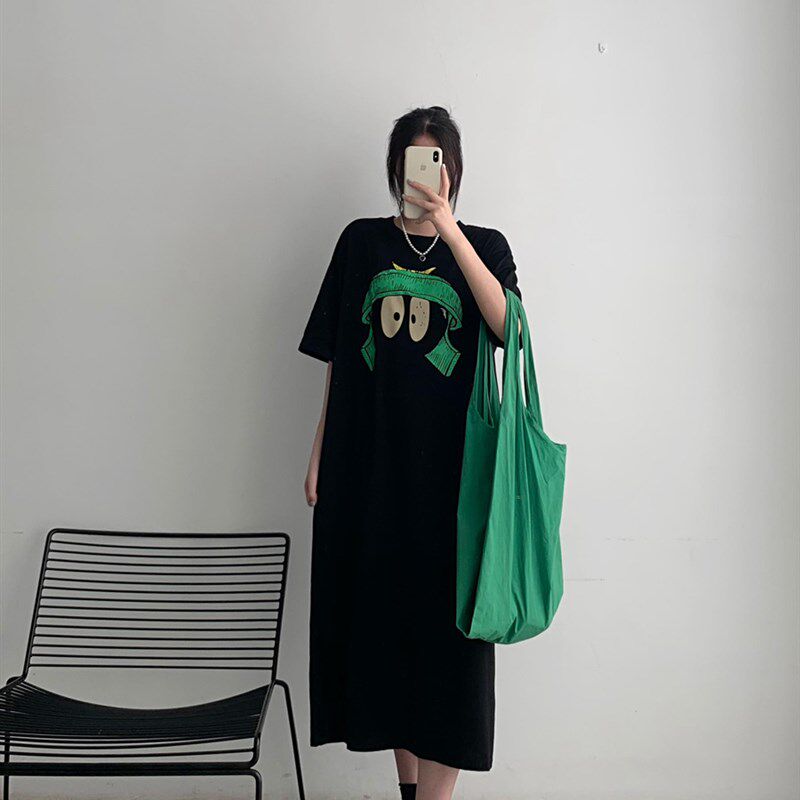 小众做旧印花t恤裙女2025胖mm夏季新款韩版大码宽松显瘦连衣裙子