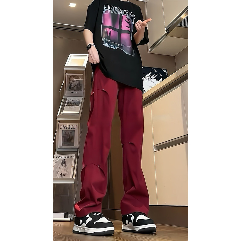 酒红色美式工装裤女夏季薄款2024新款大码冰丝速干运动休闲阔腿裤