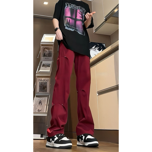 女夏季 薄款 2024新款 酒红色美式 冰丝速干运动休闲阔腿裤 裤 大码 工装