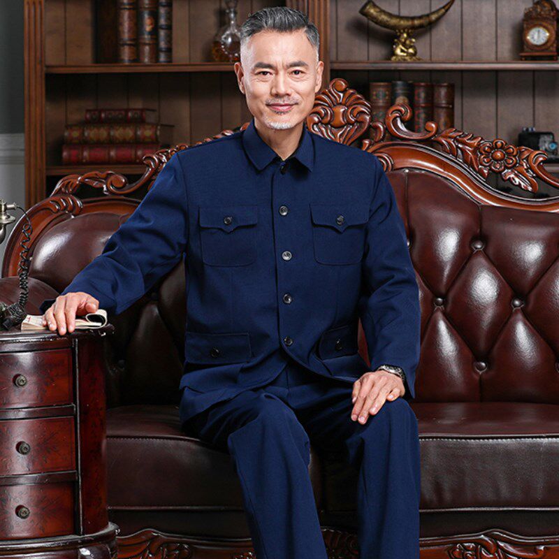 中山装套装男加绒加厚老年人衣服父亲装 老式中山服 老年装爷爷装