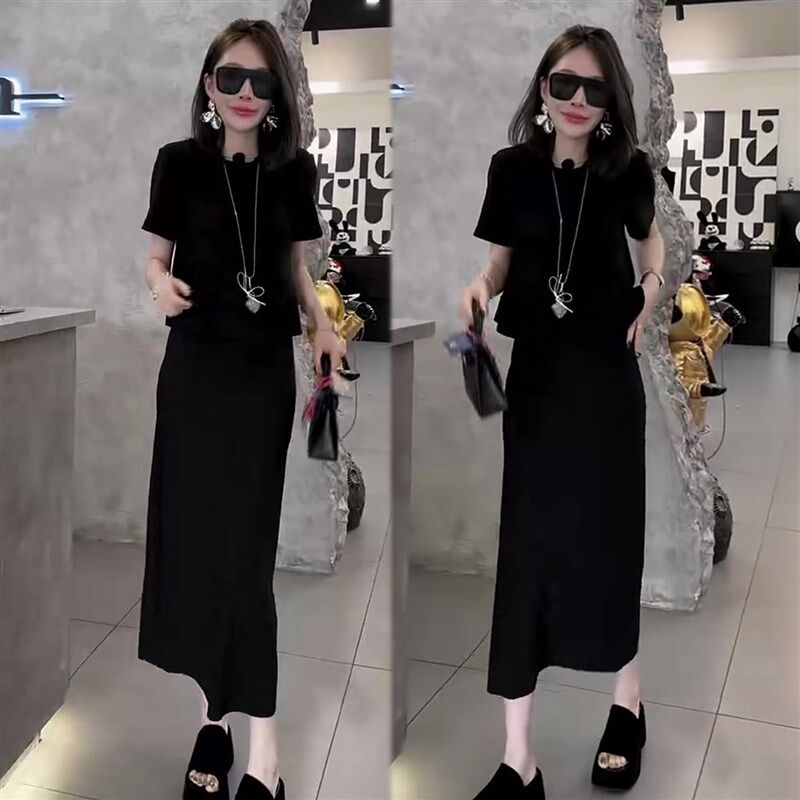 黑色气质套装女2025夏季新款气质后背纽扣短袖上衣+显瘦半身裙潮