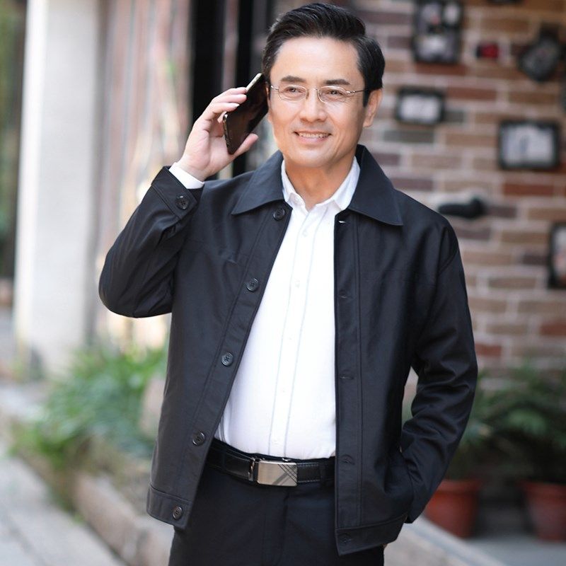 爸爸装外套春秋季薄款中年男秋装翻领夹克衫中老年人男士休闲上衣