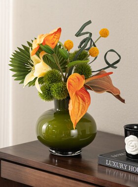 匠十三  现代琉璃花瓶复古绿仿真花艺客厅家居摆件高级感装饰品