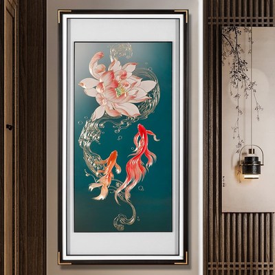 入户玄关新中式荷花九鱼图竖版挂画手工雕刻鲤鱼铜版画竖版装饰画