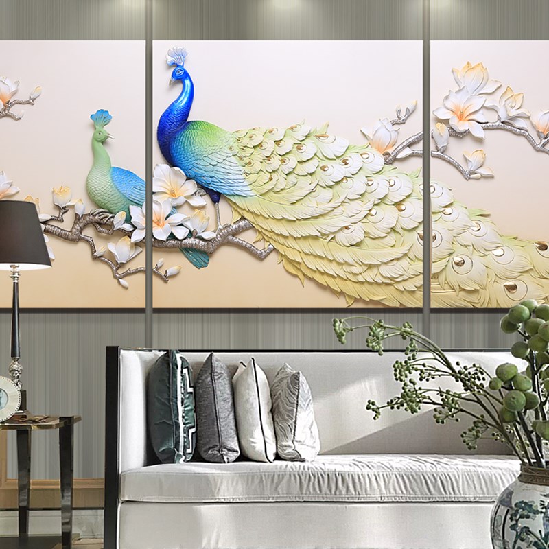 孔雀装饰画新中式客厅沙发背景墙装饰画现代简约3d浮雕壁挂画图片