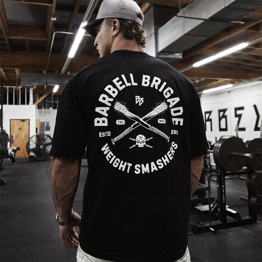 BARBELL新款骷髅印花短袖T恤男士美式运动健身休闲宽松棉质半袖