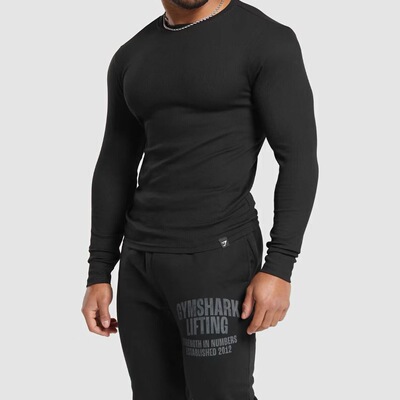 GYMSHARK RIBBED螺纹长袖男士打底紧身运动训练圆领高弹棉质t恤