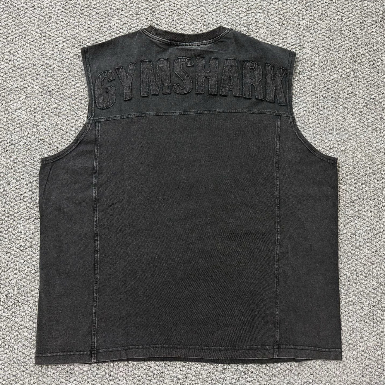 thumbnail for GYMSHARK POWER Shark Shoulder Men's Fitness Embroidery Washed Distressed Heavyweight High-Stretch Cotton Sleeveless Vest