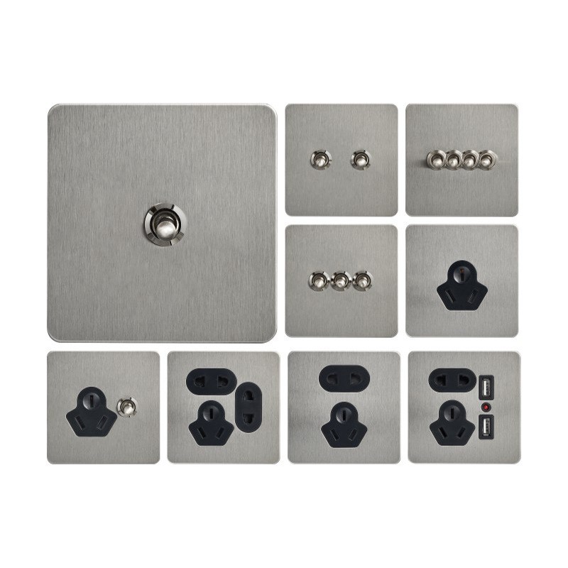 复古工业风灰色不锈钢亮光原色拉丝面板86拨杆开关金属插座家用