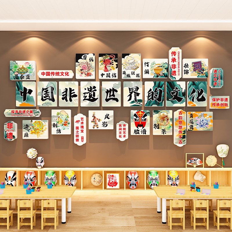 幼儿园非遗c环创主题墙成品中国传统文化墙面装饰走廊楼梯材料布