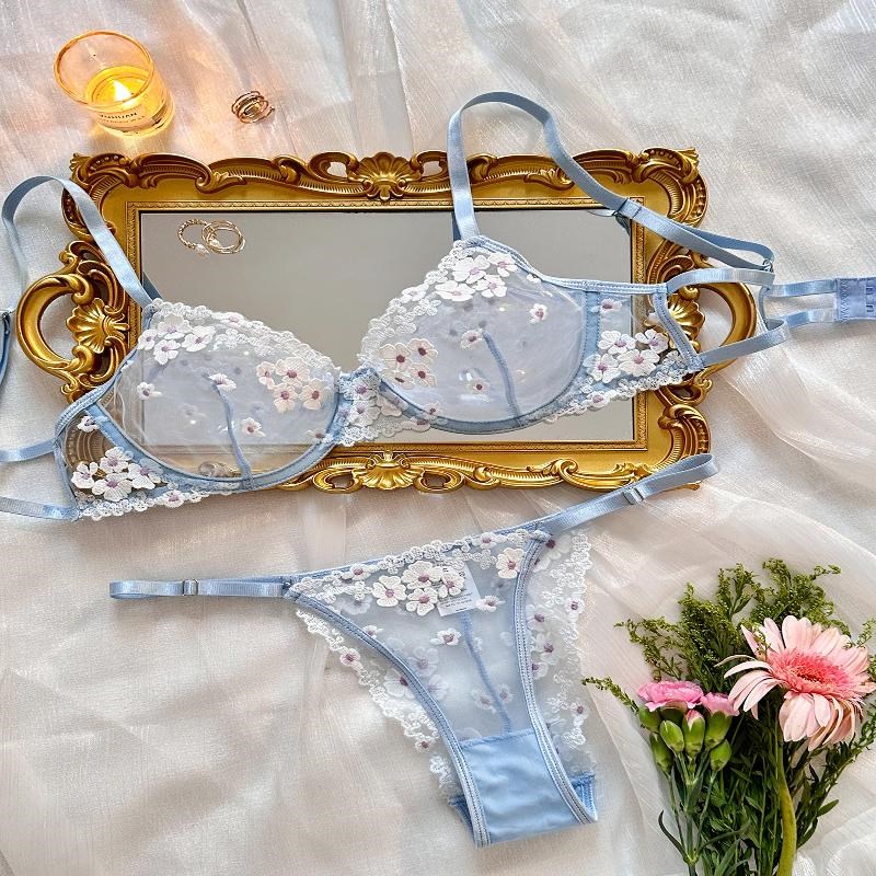 Screen perspective gather Dunderwear set甜美印花刺绣网纱内衣