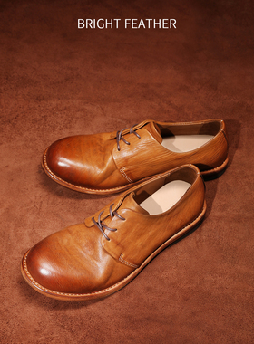 固特异手工鞋英伦休闲皮鞋男复古棕色软皮软底马皮德比鞋男士商务