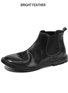 英伦风真皮切尔西靴男士黑色一脚蹬短靴商务休闲复古高帮皮鞋马皮