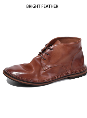 英伦复古风中帮马丁靴男真皮系带休闲工装靴棕色短靴商务机车皮靴
