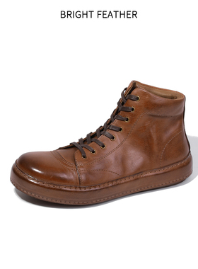 英伦风皮鞋男款马皮高帮休闲短靴复古板鞋手工缝制工装鞋机车靴潮