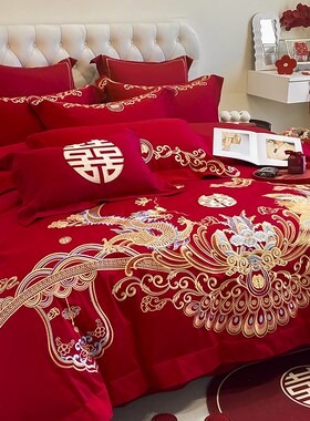 新中式180支i长绒棉结婚四件套红色龙凤被套床单婚庆床上用品4