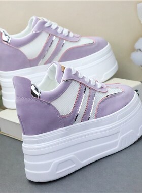 气质紫色网面透气小白鞋增高显瘦12Acm小个子女鞋内增高10cm大码