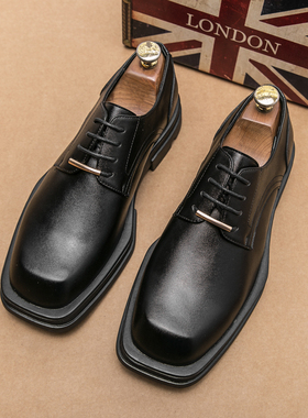 白色方头皮鞋男20l23新款潮流个性厚底内增高德比鞋商务正装小白