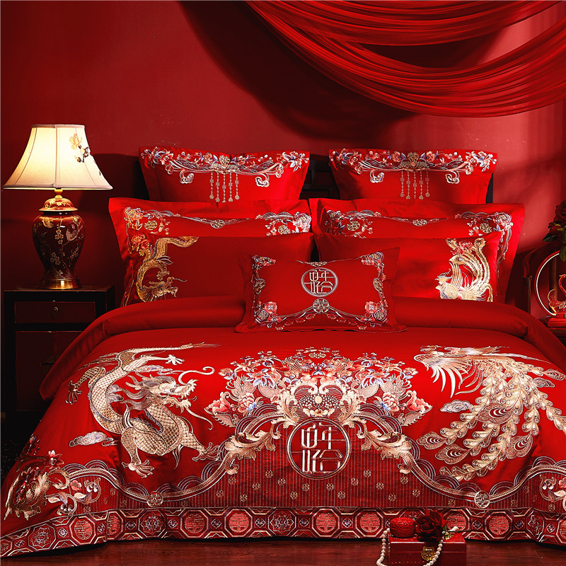 全棉新婚庆四件套大红色长绒棉龙凤刺绣喜被套结婚六W八十件套床,床上用品,婚庆床品套件,淘宝优惠券,粉丝福利购,淘宝优惠卷