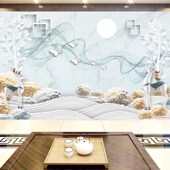 仿大理石麋鹿立体山水墙布壁画客厅沙发电视背景墙壁布