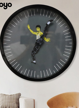 创意个性装饰李小龙功夫挂钟圆形时钟截拳道客厅钟表wll lo