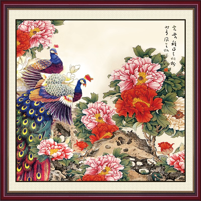 自粘画方形牡丹花现代装饰客厅沙发背景墙壁挂画山水风景无框画芯图片