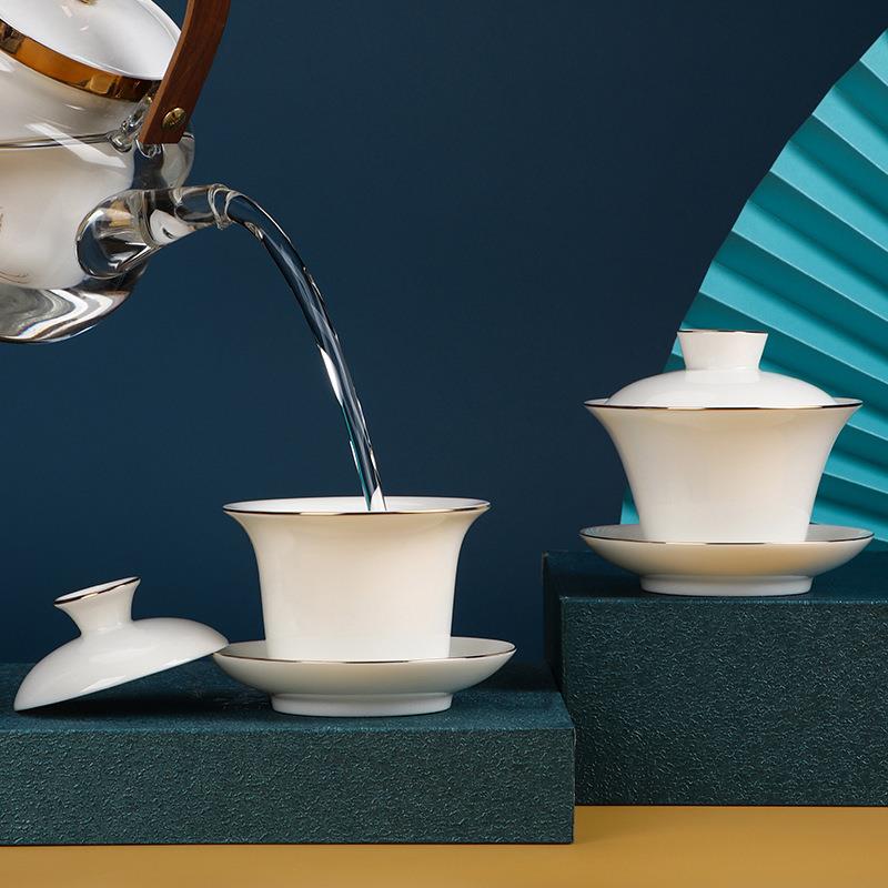 羊脂玉单个盖碗茶杯手工描金陶瓷泡茶白瓷功夫茶具敬茶碗logo