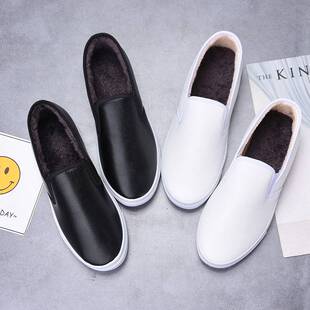加绒加厚棉鞋女学生平底百搭保暖休闲鞋一脚蹬懒人皮面乐福鞋女冬