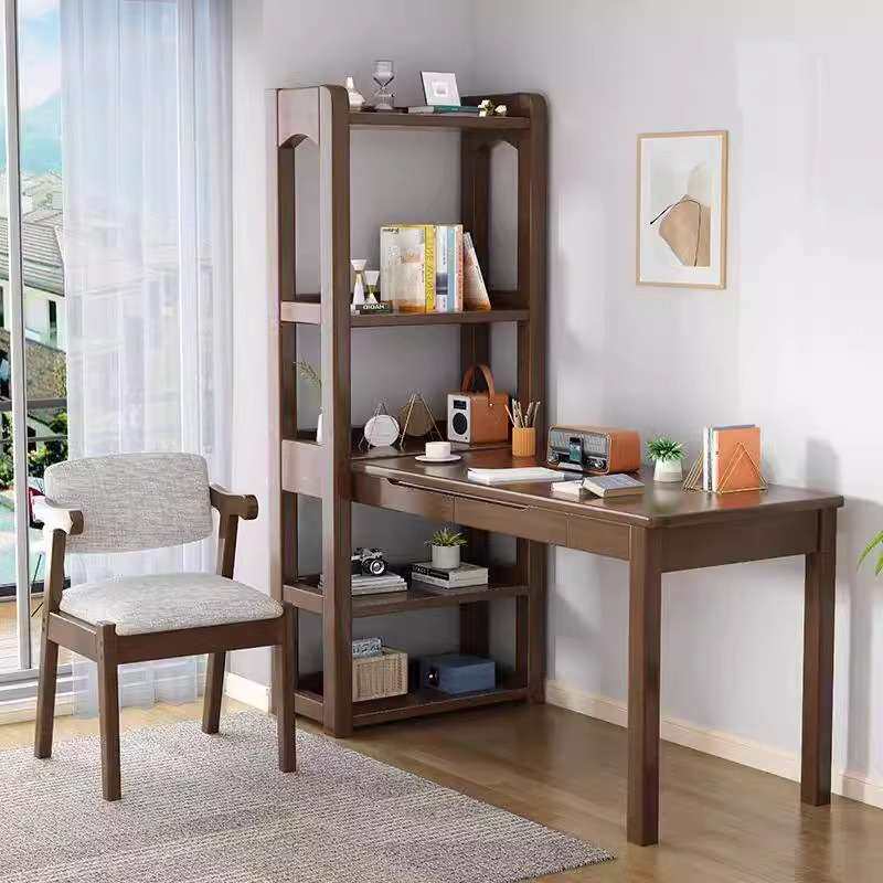 北欧1.2M全实木书桌书架组合一体办公电脑桌学生写字桌转角学习桌