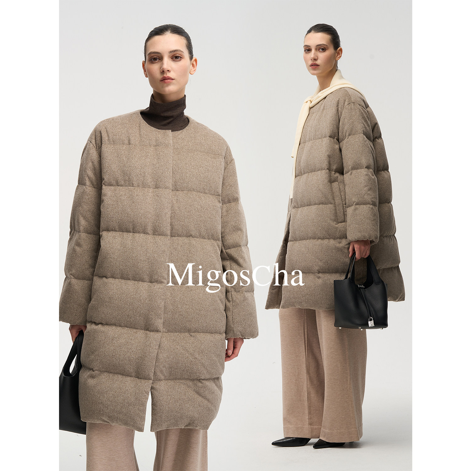 migoscha 圆领绵羊毛三星95白鹅绒中长款羽绒服质感外套冬季新款