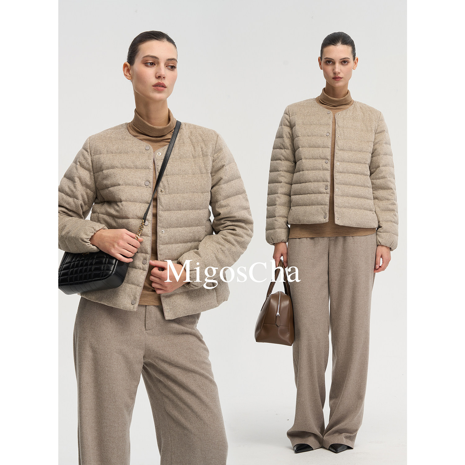 migoscha 经典圆领100绵羊毛鹅绒服修身保暖长袖可内搭叠穿外套
