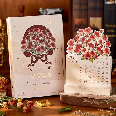 2026复古玫瑰木质插卡台历