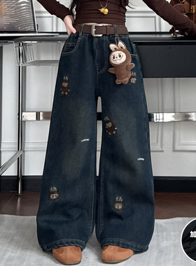 女童牛仔裤加绒加厚冬装2025新款拉布布儿童阔腿裤中大童女孩裤子