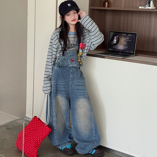 女童牛仔背带裤套装秋装2026新款卡通儿童阔腿裤中大童小女孩裤子