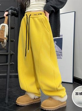 女童加绒卫裤冬款2025新款中大童女孩洋气加厚弯刀裤儿童阔腿裤子