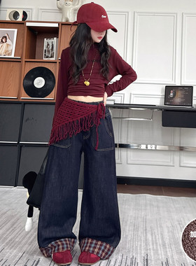 女童牛仔裤加绒加厚冬装2025新款儿童格子阔腿裤中大童小女孩裤子