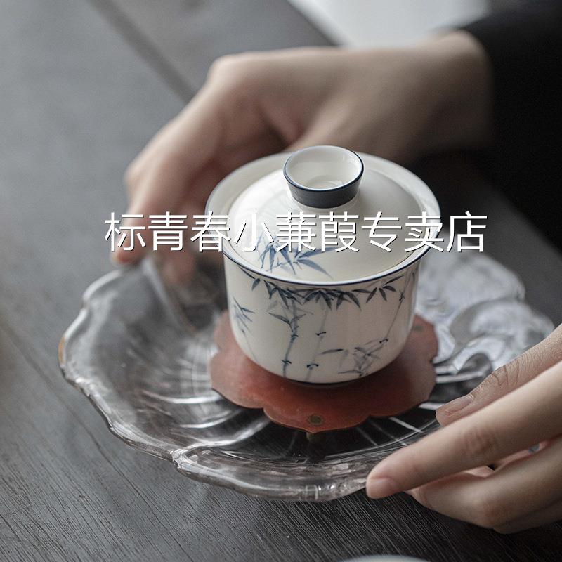 玉瓷釉下彩手绘竹子盖碗家用陶瓷单个泡茶碗功夫茶具茶碗