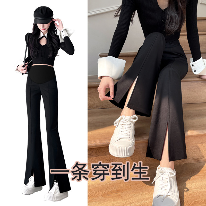 孕妇裤外穿小个子春秋款开叉微喇叭托腹裤黑色西装休闲裤女九分裤
