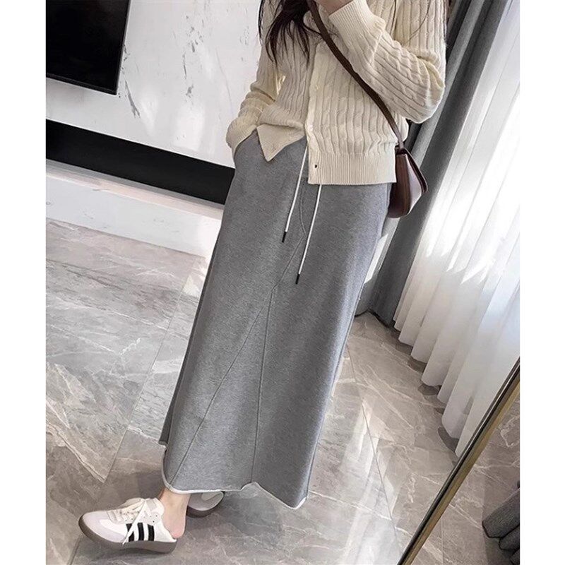 孕妇半身裙春秋中长款显瘦托腹A字裙毛边后开叉抽绳运动裙秋冬款