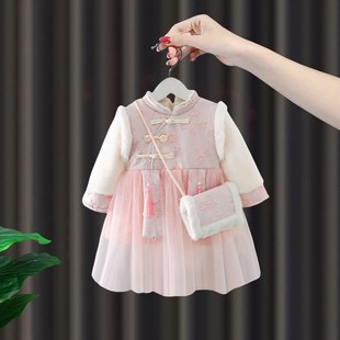 汉服女童拜年服冬季小女孩新年衣服加绒连衣裙粉色甜美小女孩唐装