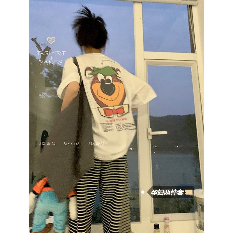 孕妇时尚套装洋气时髦夏季休闲卡通T恤+薄款托腹条纹裤两件套减龄,孕妇装/孕产妇用品/营养,套装,淘宝优惠券,粉丝福利购,淘宝优惠卷