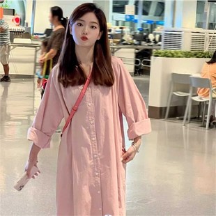 粉色孕妇长袖衬衣连衣裙子春秋新款小众高级感宽松休闲中长裙遮肚