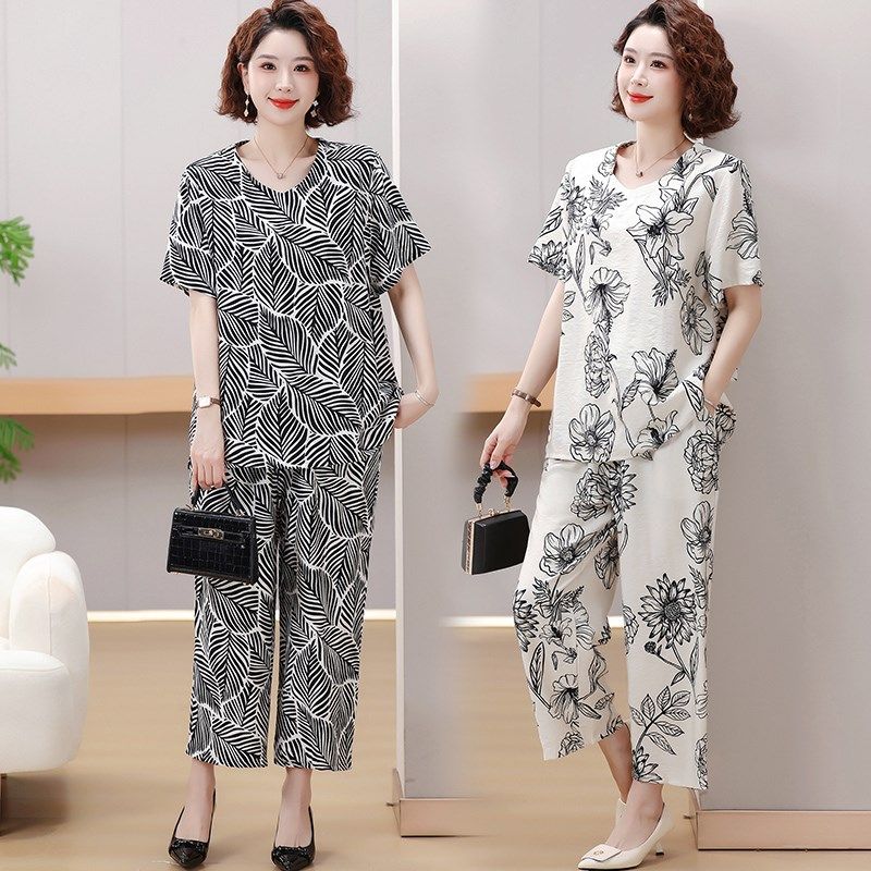 8XL特大码中老年妈妈夏装竹节棉套装中老年女夏季加肥短袖T恤上衣,女装/女士精品,中老年女装,淘宝优惠券,粉丝福利购,淘宝优惠卷