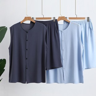 中老年棉绸无袖开衫七分裤两件套爷爷爸爸夏装棉绸上衣裤子两件套