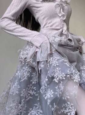 【紫霞仙子】枯叶玫瑰时尚套装重工温柔半裙长袖衬衣气质紫色优雅