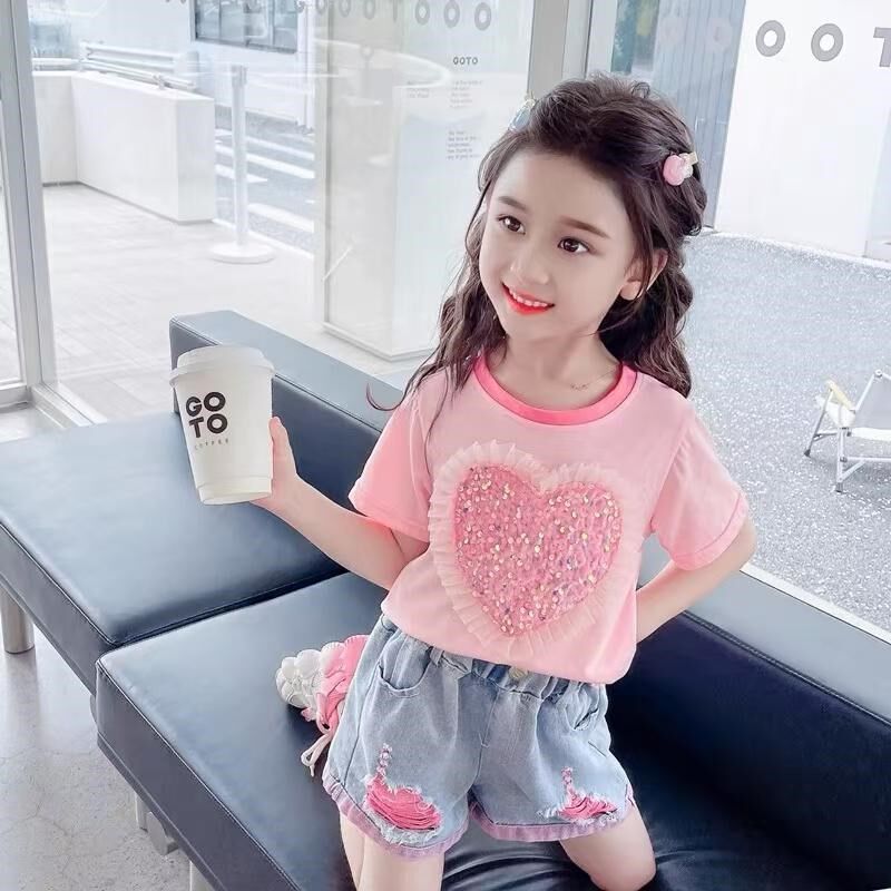 女童网红炸街时髦牛仔短裤女孩2025新款洋气夏季儿童宝宝夏装套装