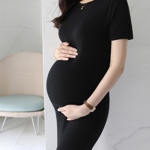 孕妇修身显瘦连衣裙夏季短袖纯色弹力中长款T恤裙紧身打底长裙