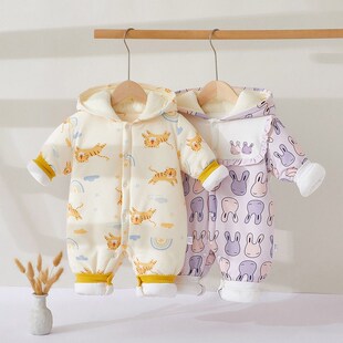 婴儿连体衣冬季加厚280g拜年服连帽保暖外出抱衣宝宝夹棉哈衣棉服