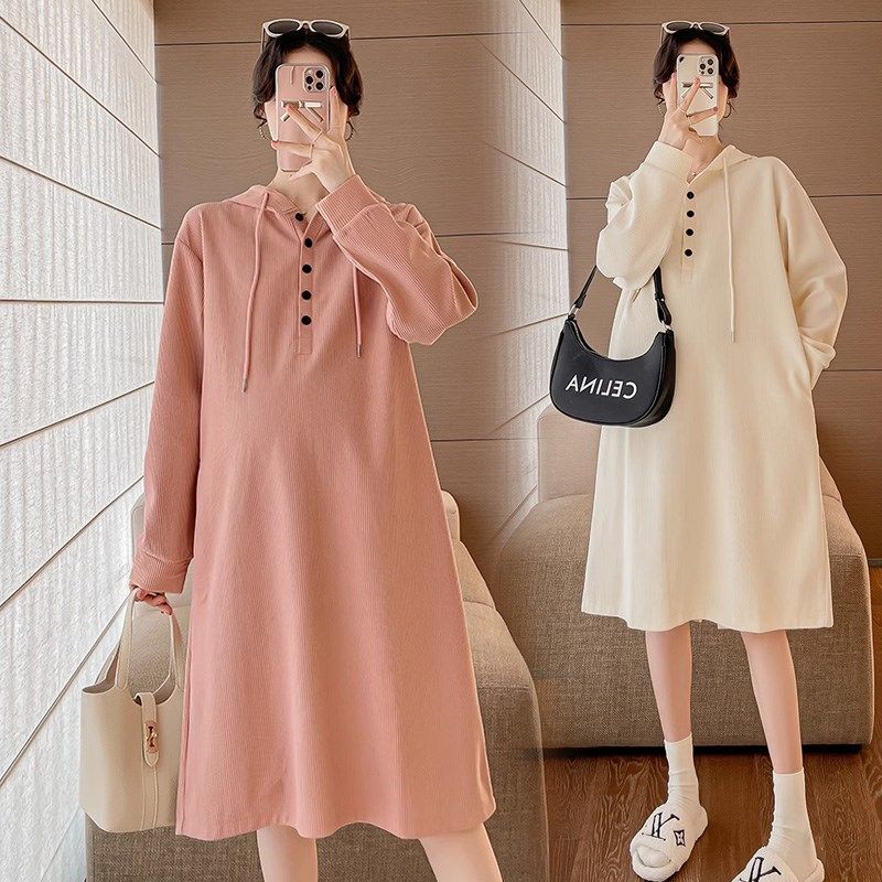 孕妇春装套装时尚上衣2025秋冬季新款加厚宽松遮肚连帽卫衣连衣裙