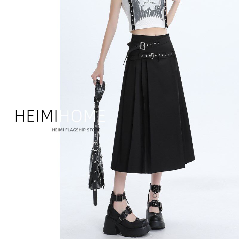 黑色西装裙女春夏季高腰设计感a字百褶裙小个子高级感腰带半身裙